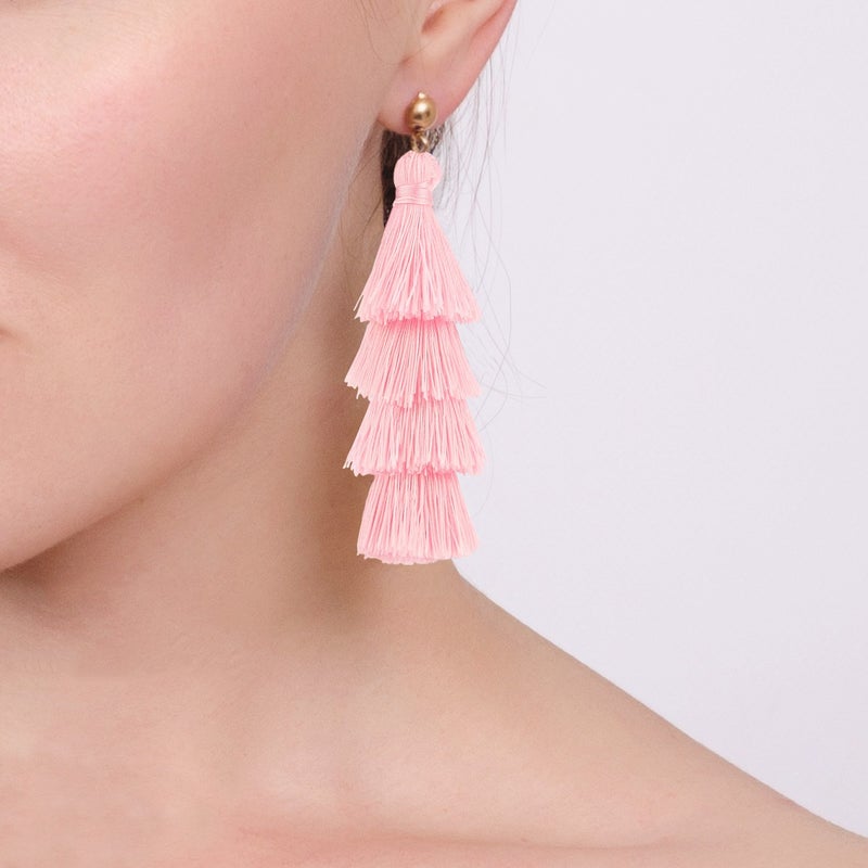 BaubleStar Fashion Tassel Dangle Earrings for Women Layered Long Bonita Tiered Pink Thread Tassel Drop Statement Jewelry - Image 2